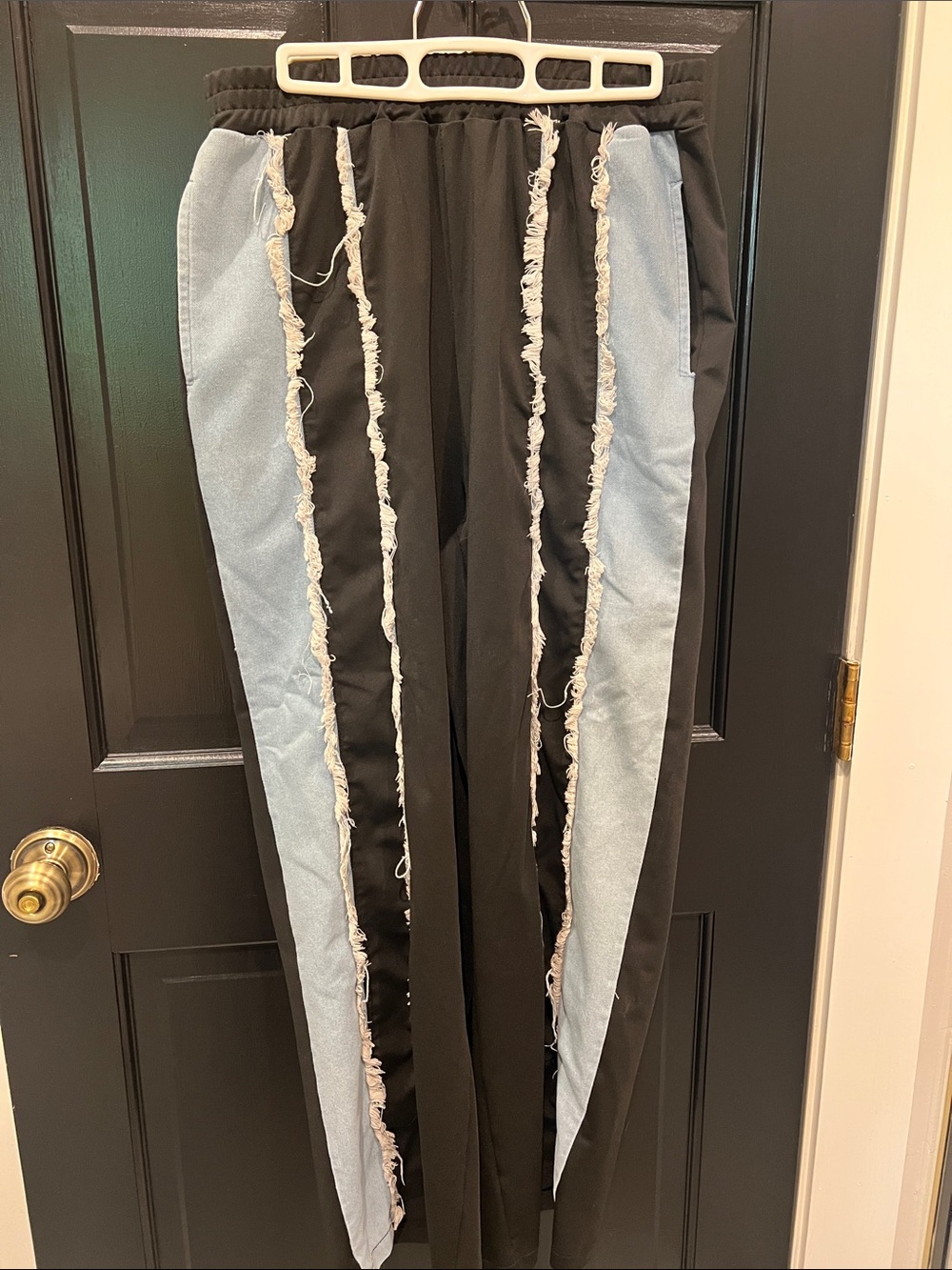 Women’s Two-Tone Black and Light Blue Distressed Panel Jeans
